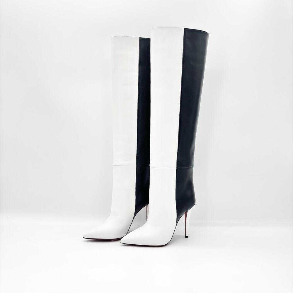 NIB Christian Louboutin Astrilarge Botta 100 Black White Pointed Toe Boots 37.5